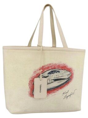 CHANEL Tote Bag Canvas Leather White Silver CC Auth bs33806